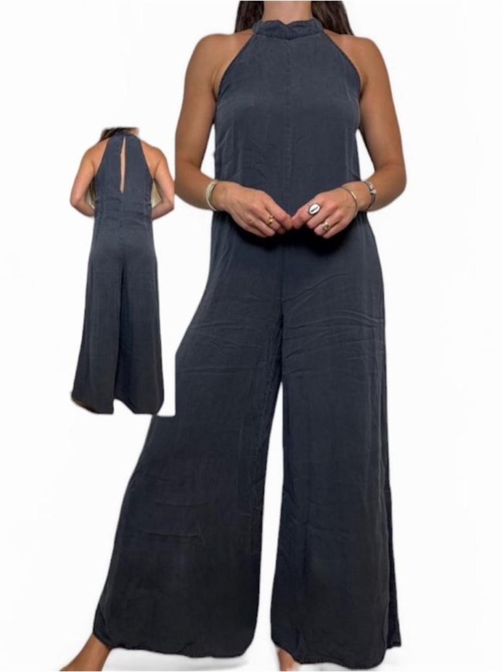 bella dahl grey boho wide leg high neck sleeveless halter open back jumpsuit S - Picture 7 of 7